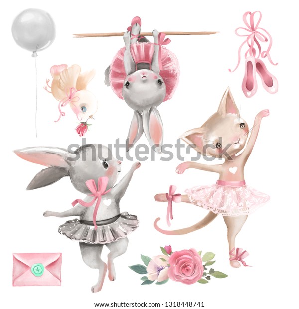 かわいい水彩バレリーナの動物 バレエテーマデザインエレメントのセット バニーと子猫のバレリーナ かわいい鳥 バレエ靴 花 風船 文字 封筒 のイラスト素材