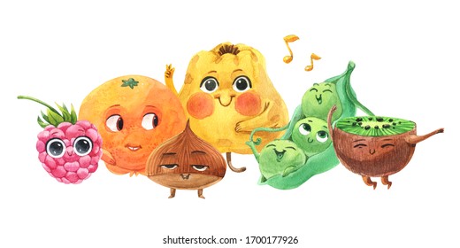 A set of cute watercolor fruit and plants. Watercolor Illustration with funny characters. Time to fresh. Vegetarian