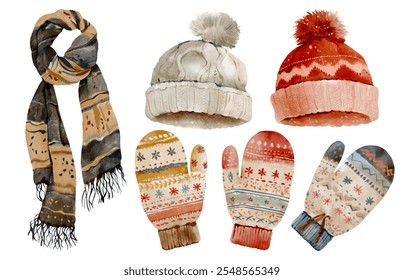 Set of cute watercolor winter clothes - hat with pompom, scarf and mittens. Clipart for winter decor element for scrapbooking, poster, greeting card, sticker or printed materials. - Powered by Shutterstock