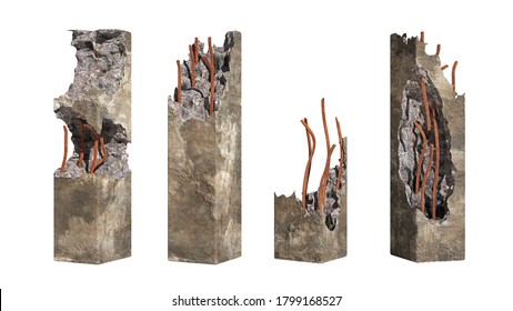 set of damaged concrete pillars isolated on white background (3d render) 