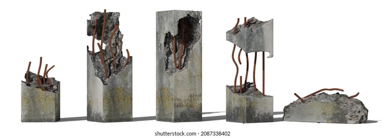 set damaged concrete pillars isolated and shadow white background (3d rendering)