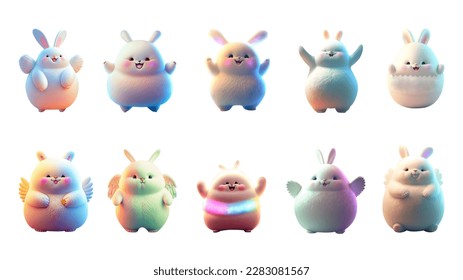 Set Of Dancing Chubby Rabbit Character. 3D Render.