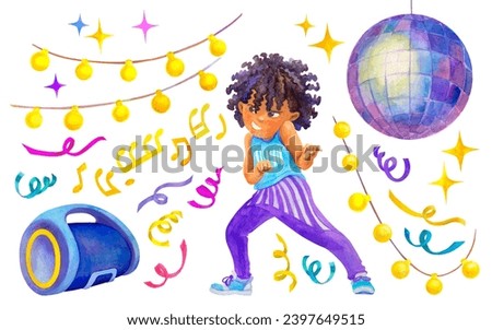 Set of dancing party object and character with dancing afro american boy, disco ball, garlands, stars, serpentine and portable speaker for design of card, invitation, poster, t-shirt printing.