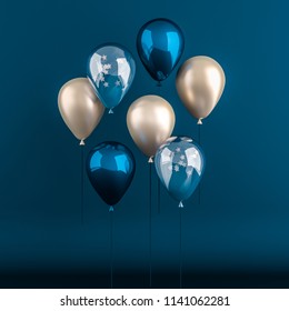 Set of dark blue and golden glossy balloons on the stick with sparkles stars on dark background. 3D render for birthday, party, wedding or promotion banners or posters. Realistic illustration. - Powered by Shutterstock