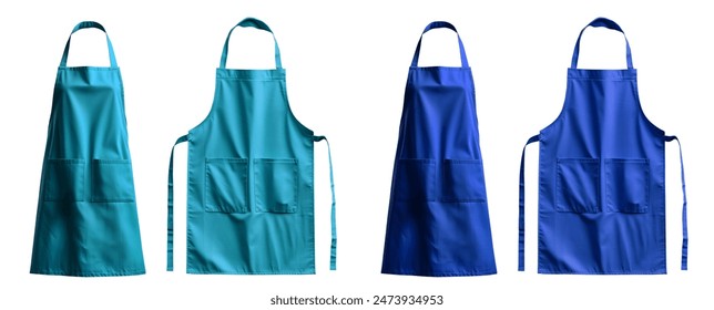 Set of dark light blue turquoise blank apron restaurant cafe kitchen cook chef uniform, front and flay lay on cutout file. Mockup template for artwork graphic design	
