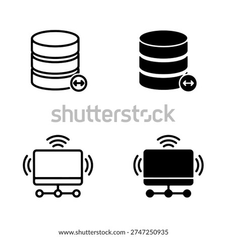  
Set of database and network server icons in outlined and solid styles symbolizing data transfer synchronization and connectivity