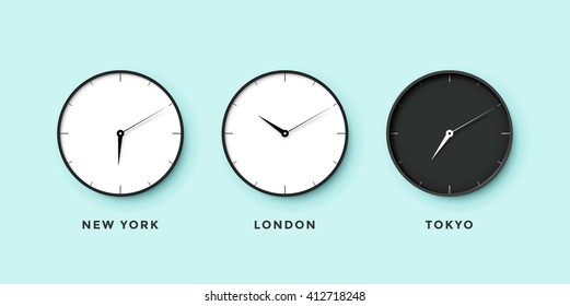 Set of day and night clock for time zones different cities. Black and white watch on a mint background. Illustration