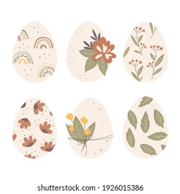 Set of decorated Easter eggs. Spring print decor and flowers. Flat design, vector illustration