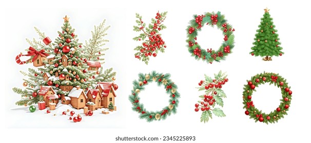 set of decoration chrismas tree mistletoe candy on white background