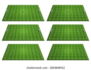 Set Of Deep Green Football Fields. Stripe Lawn And Checkered Lawn.  3d Illustration.