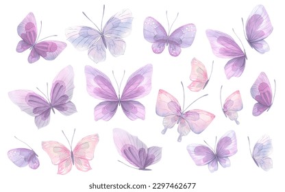 A set of delicate, cute pink and lilac butterflies. Watercolor illustration. Isolated objects on a white background. For decoration, design of romantic, wedding events, children's and women's textiles 庫存插圖
