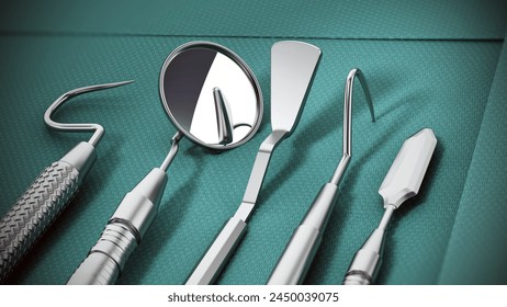 Set of dentist tools standing on green sterile cloth. 3D illustration. - Powered by Shutterstock