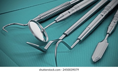 Set of dentist tools standing on green sterile cloth. 3D illustration. - Powered by Shutterstock