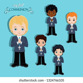 Set of design elements for First Communion for boys. 