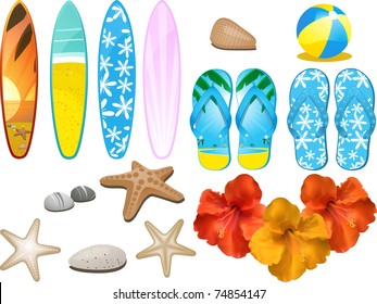 Set of design elements with flip flops, surfboards, hibiscus flowers, beach ball and other beach related objects - Shutterstock ID 74854147