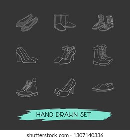 Set Of Design Icons Line Style Symbols With Chunky Heel, Jellies Shoes, Gladiator Boots And Other Icons For Your Web Mobile App Logo Design.