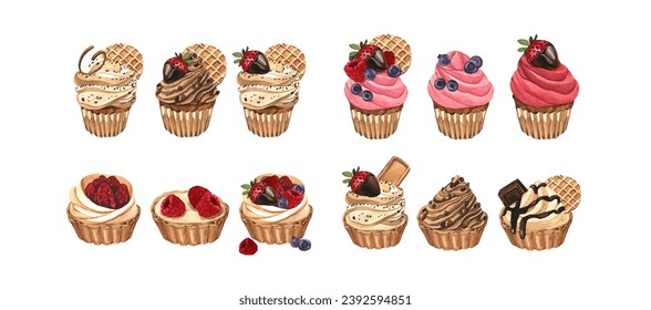 Set desserts, cupcake whipped cream with strawberry and cookie, muffin in wax liner. Tart baked with fresh berry. Watercolor hand-drawn illustration isolated on white background - Powered by Shutterstock