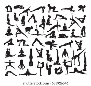 A set of detailed yoga poses and postures silhouettes