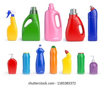 Set of detergent bottles and containers, cleaning and washing supplies, 3d illustration