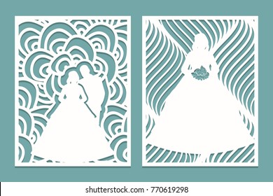 Set of die laser cut card with the silhouette of the bride and groom. Template for wedding invitation or greeting card. Panel stencil pattern. Rasterized version - Powered by Shutterstock