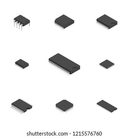 Set Of Different Active And Passive Electronic Components Isolated On White Background. Flat 3D Isometric Style,  Illustration.