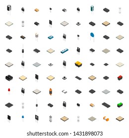 Set Of Different Active And Passive Electronic Components Isolated On White Background. Flat 3D Isometric Style,  Illustration.