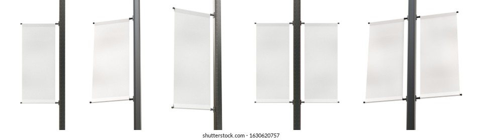 Set Of Different Angles Of Empty Lamp Post Banners Isolated On White Background. Standard Size Of Canvas. Realistic 3D Render.