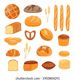 A Set Of Different Bread On A White Background. Loaf, Buns, Sesame Seeds, Sweet Cakes, Wheat Spikelets, Croissant