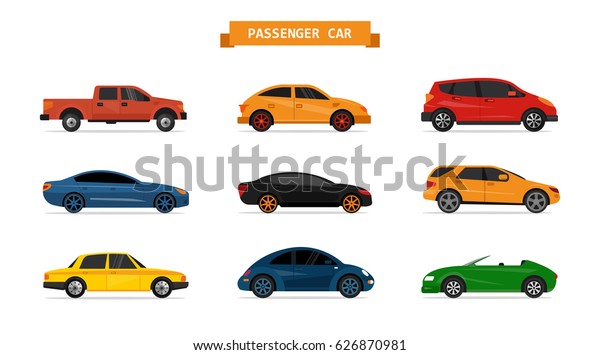 Set of different cars isolated on white\
background. Car icons and design elements. Sedan, pick up, suv,\
sport car, coupe.