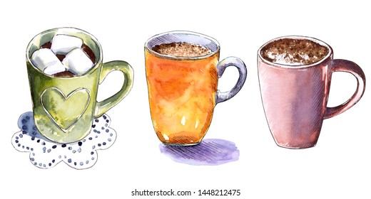 Set Of Different Coffee Cups, Hand Drawn Watercolor Illustration. Cappucino, Latte Machiato, Cocoa, Espresso, Hot Chocolate. Can Be Used For Menu Design.