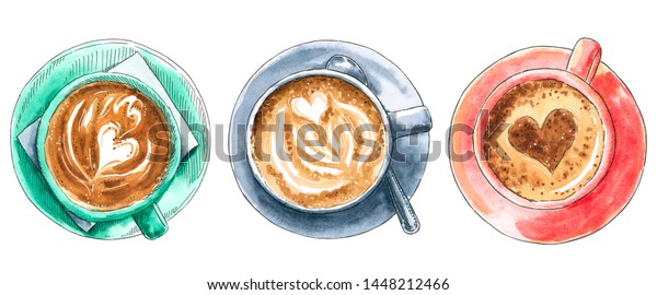 コーヒーカップのセット 手描きの水彩イラスト カプチーノ ラッテ マチアト ココア エスプレッソ ホットチョコレート メニューデザインに使用できます のイラスト素材