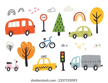 Set of different cute transport in flat style. Colorful cartoon simple  illustrations in scandivaian style for kid's rooms, children's clothes, posters, invitation, cards, games.