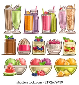 Set Of Different Desserts, Lot Collection Of 12 Cut Out Illustrations Of Fresh Assorted Milk Beverages, Group Of Many Parfaits And Puddings And Diverse Frozen Fruit Desserts For Cafe Menu