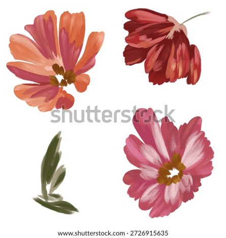 Set of different digital flowers isolated, adapted for create Fabric texture Seamless pattern. 
White color background. 