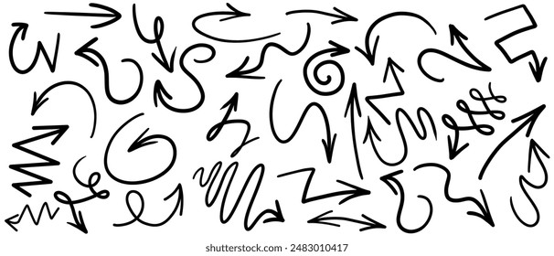 Set of different drawn arrows isolated on white