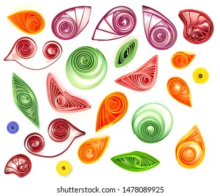 set of different elements for quilling isolated on white background. designer for self-production of beautiful compositions, postcards and other creativity