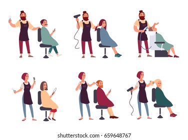 Set of different hairdresser. Trendy man and woman in barbershop, hairdressing salon. Services makes styling, dries, washes, cuts hair and mustache collection. illustration in flat style - Powered by Shutterstock