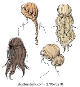 Set Of Different Hairstyles. Hand Drawn. 