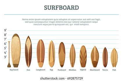  Set Of Different Hawaiian Surfboards Isolate On White Background. Surfing Surfboard Woooden, Illustration Of Surf Board For Water Sport