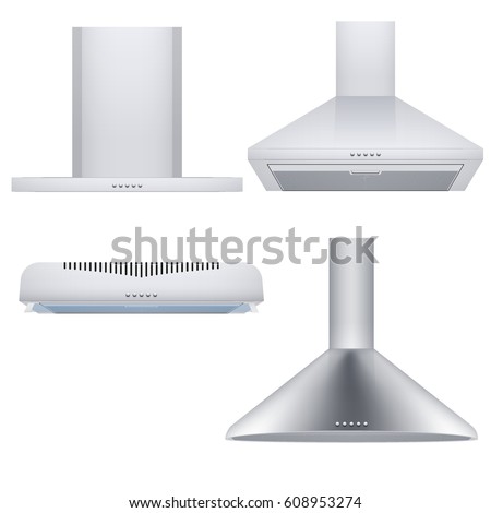 Set of different Kitchen range hoods. Front view. Domestic equipment. Product illustration Isolated on white background.