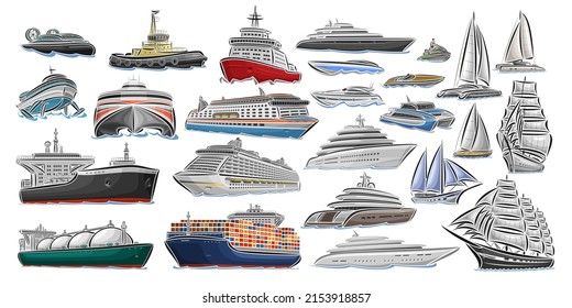 Set of different Ships and Boats, collection of isolated water transport icons, cut out design illustration of polar ice breaker, hover craft, jet ski, super fuel tanker, tug boat, mega yachts