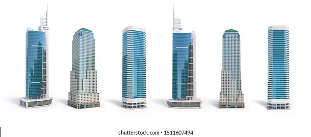 Набор различных зданий небоскребов, изолированных на белом. 3d иллюстрация