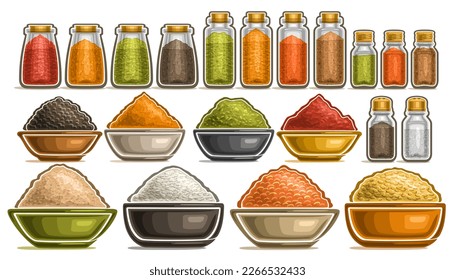 Set of different Spices, collection of isolated illustrations with healthy cereals in pots, diverse fresh hot spices in dishes, group of assorted dried seasonings in glass containers on white - Powered by Shutterstock