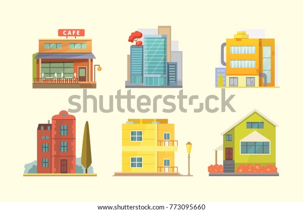 さまざまなスタイルの住宅のセット レトロな町並み 現代的な建物 家の前面の漫画のイラスト のイラスト素材