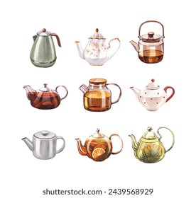 Set different of the teapots of tea, kettle, glass with infuser and with lemon or citrus. Watercolor hand-drawn illustration isolated on white background. Perfect for recipe lists with drinks for cafe