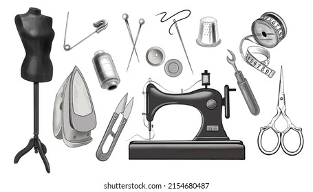 Set of different tools for  sewing.Tailor's supplies. Grafic flat  illustrations isolated on white background.