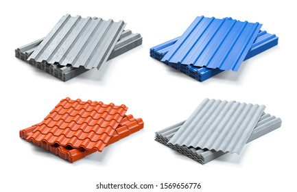 Set of different types of roof coating. Stacks of sheet metal  profiles, ceramic tile and gypsum roof isolated on white background. 3d illustration