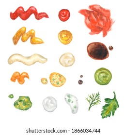 Set of different watercolour sauce drops. Various ketchup mustard stains. Top view. Textured pesto tartar blobs isolated on white background. Oil, mayonnaise and sour cream illustration.