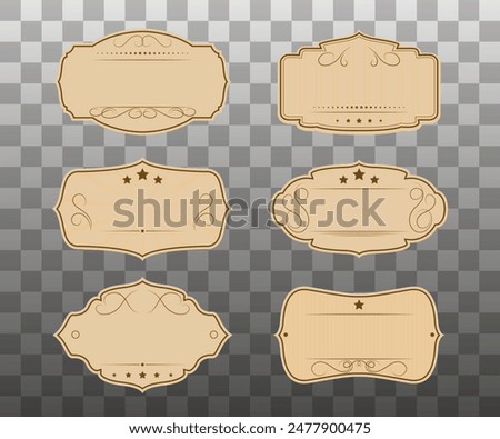 Set of digital pictures, frames and labels, vintage style. Suitable for decoration of cosmetics, pharmacy products. Vector illustration.  Aged paper effect.