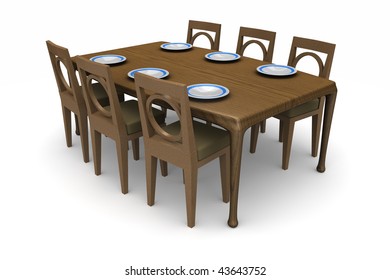 A Set Of Dining Room Table And Chairs With Dinner Plates On The Table Isolated On White